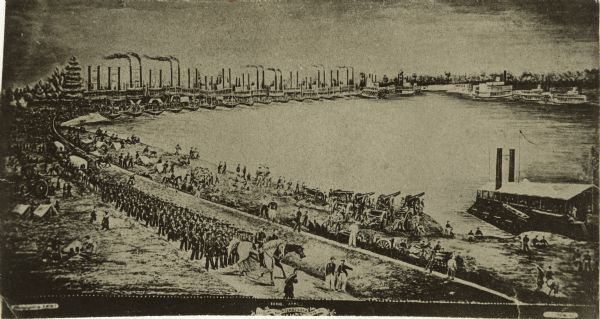 A fleet of steamboats used by General Joseph Bailey of the Fourth Wisconsin Cavalry constructing a bridge across the Atchafalaya passage of General Banks' army.