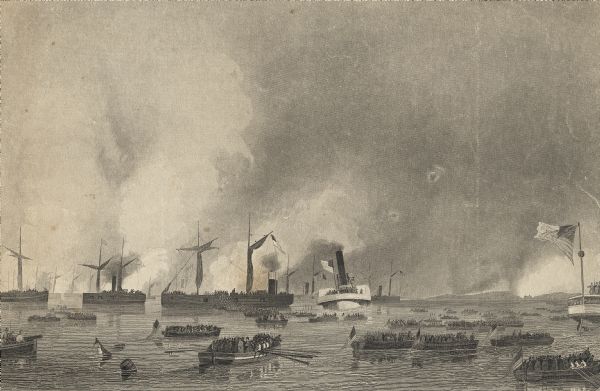 Etching of the "Attack upon Roanoke Island" by troops landing from naval vessels, after a painting by Chappel.