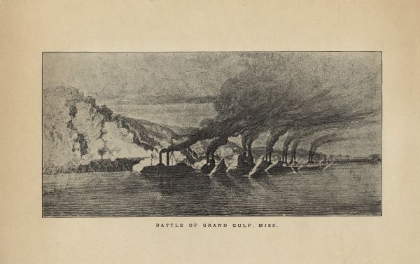 A halftone lithograph of the Battle of Grand Gulf, Mississippi.