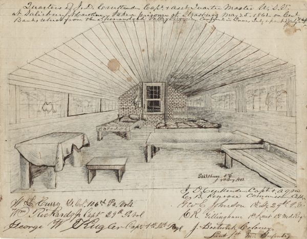 Contemporary drawing of the interior of a prison barracks. Quarters of I.D. Cruttenden, Captain and Assistant Quarter Master of the "W.I.V." (Likely signifying the Wisconsin Infantry Volunteers), and other officers. A note on the back adds: "Major C.B. Penrose died at Carlisle, Penn, Sept. 18, 1895. We were captured at the same time together, at Strasburg, Va., May 25, 1862. Close friends until paroled. We parted at Washington in August 1895. C.B. Penrose was appointed Captain and Commissary in the regular Army at the end of the war." The artist is unknown, but is likely one of the men listed in the drawing.