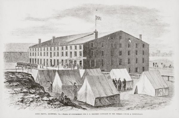 Woodcut of "Libby Prison, Richmond, Va.--Place of Confinement for U.S. Soldiers Captured by the Rebels.--From a Photograph." This view includes tents and three tenement (loft style) buildings.