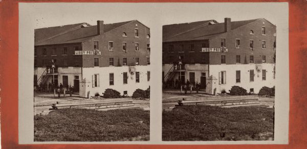 Stereograph of the main building, a tenement (loft style) building, at Libby Prison.