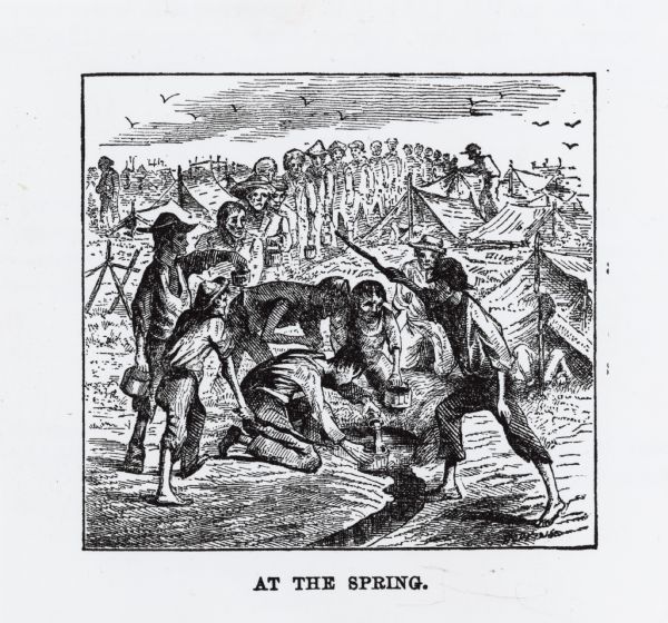 "At the Spring," a woodcut illustration from McElroy's "Andersonville: Story of Southern Prisons."