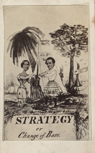 "Strategy or Change of Base". Photographic card of a cartoon concerning Jefferson Davis' flight across Georgia in women's clothing hoping to reach the Mississippi River and help what Confederate forces remained there. He was captured by Federal troops on May 10, 1865 and imprisoned.
