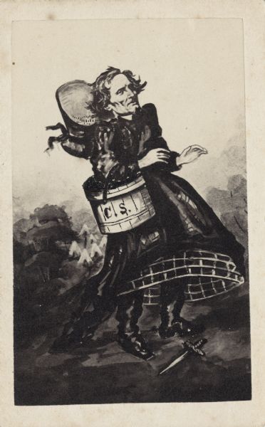 Jefferson Davis in a hoop skirt with a basket and fallen dagger.  Photographic card of a cartoon concerning Jefferson Davis' flight across Georgia in women's clothing hoping to reach the Mississippi River and help what Confederate forces remained there. He was captured by Federal troops on May 10, 1865 and imprisoned.