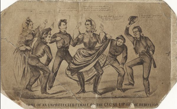 "Capture of an unprotected female, or the close up of the Rebellion."  Photograph card of a cartoon concerning Jefferson Davis' flight across Georgia in women's clothing. He was hoping to reach the Mississippi River and help what Confederate forces remained there. He was captured by Federal troops on May 10, 1865 and imprisoned.