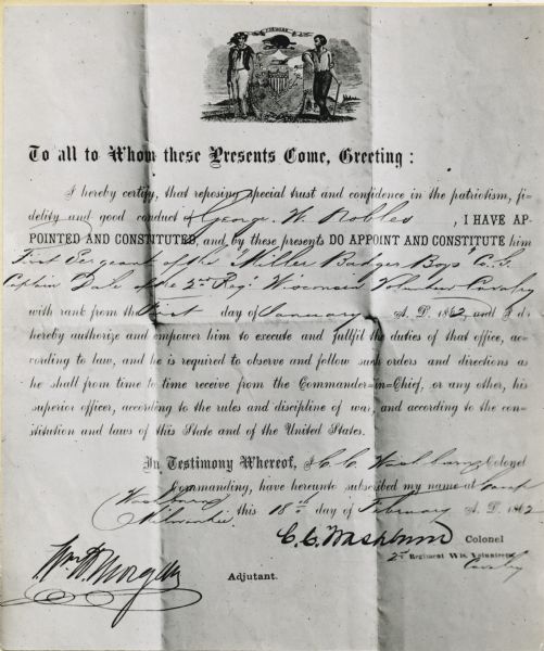 George W. Noble's commission as First Sergeant in the Wisconsin 2nd Cavalry.