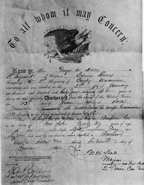 George W. Noble's discharge letter from the Union Army during the Civil War.