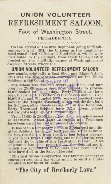 Explanatory text about the work of the Saloon and Saloon Hospital in giving Aid to Soldiers.