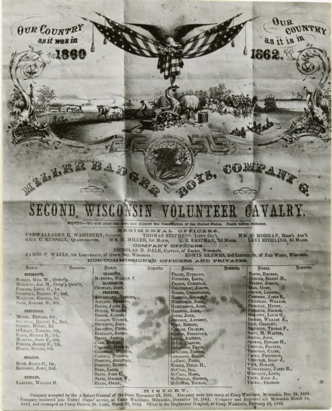 Lithographed poster listing officers and men, most notably Colonel Cadwallader C. Washburn.