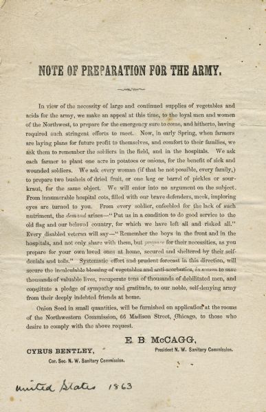 Handbill issued by E.B. McCagg, President of the N.W. Sanitary Commission, urging citizens to plant potatoes and onions to be divided, and to put up dried fruit, pickles, and sauerkraut to be used by soldiers.