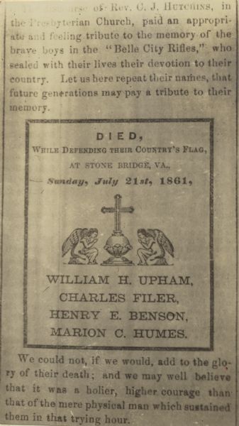 Obituary notice of William H. Upham reported in a Racine, Wisconsin newspaper.