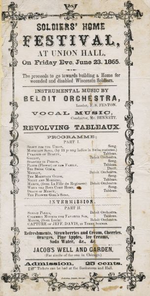 A handbill advertising for the Soldiers' Home Festival in Beloit, Wisconsin at the Union Hall on the evening of Friday, June 23, 1865.