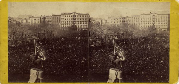Elevated stereograph view of the Great Union Meeting at the New York City Union Square.