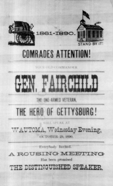 Poster announcing General Lucius Fairchild speaking at Wautoma, Wisconsin on October 29, 1890.