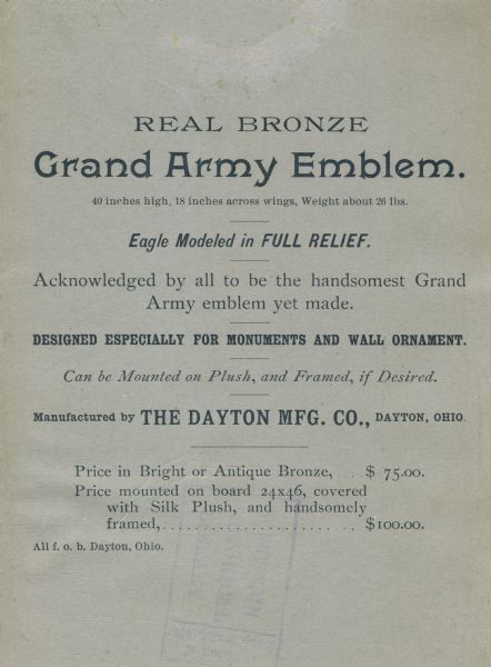 Advertisement for a bronze Grand Army Emblem manufactured by the Dayton MFG. Co., Dayton Ohio.