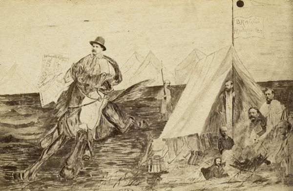 A composite drawing, including photographic portraits, depicting "Doc" Aubrey, newsboy of the Iron Brigade, delivering papers to the camp where other members are depicted around tents. The flag on one of the tents says: "Braggs Headquarters". This was evidently made for the Iron Brigade reunion at Milwaukee, Wisconsin, June 7-12, 1880.