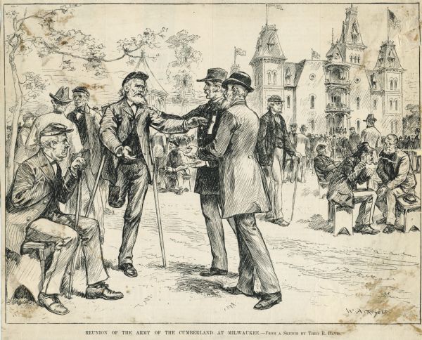 A drawing of the reunion of the Army of the Cumberland at Milwaukee. National Soldiers Home is visible in the background.