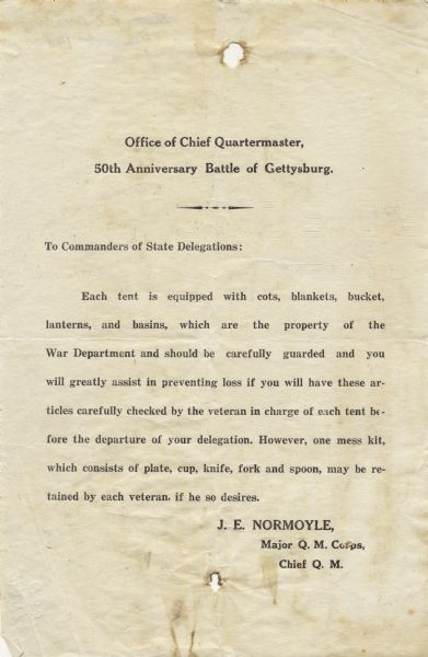 A broadside to the Commanders of State Delegations from J.E. Normoyle, Major Q.M. Corps, Chief Q.M., stating the contents of each tent at the 50th Anniversary of the Battle of Gettysburg.