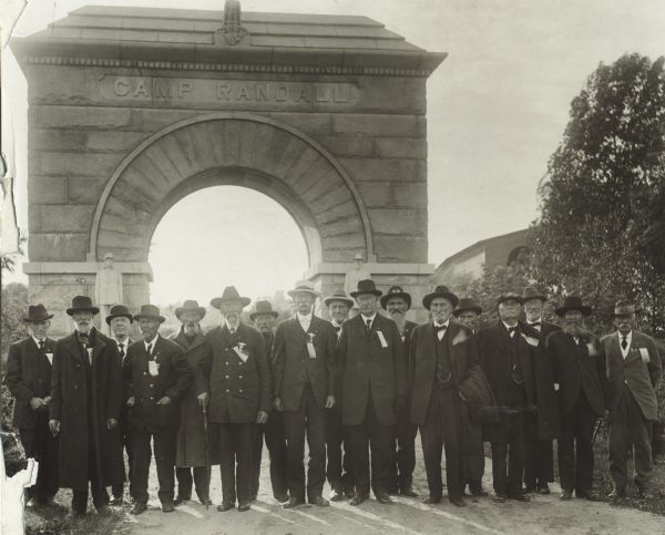 Reunion of the Grand Army of the Republic at Camp Randall, members of the 15th Wisconsin Volunteer Infantry (the mostly Scandinavian unit commanded by Colonel Hans Heg). Those in the photograph: Front row, left to right, are Anon Kjelsvik (Blanchardville, Wisconsin), Lieutenant Nils Gilbert (Eleva, Wisconsin), S.A. Anderson (Dawson, Minnesota), Otto Steen, Captain Joseph Mathisen (Evansville, Minnesota, regiment's only Danish officer), Captain Rosing (Decorah, Iowa), A.A. Tofte, Lewis Rolfson, and the Honorable Oley Nelson (President of the Scandinavian Veterans Association).