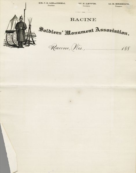 Letterhead with an illustration of a soldier on guard duty in camp and the name of the associations' officers.