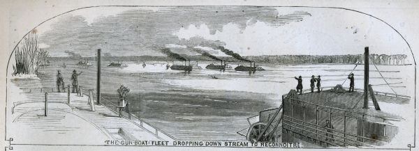Engraved illustration for the story titled: "The Fight at Island No. 10". The view from the deck of a boat looks out at the approaching gun boats coming down the Mississippi River. On the right is a paddle steamer with more men watching the scene. The illustration is titled: "The Gun Boat Fleet Dropping Down Stream to Reconnoitre."