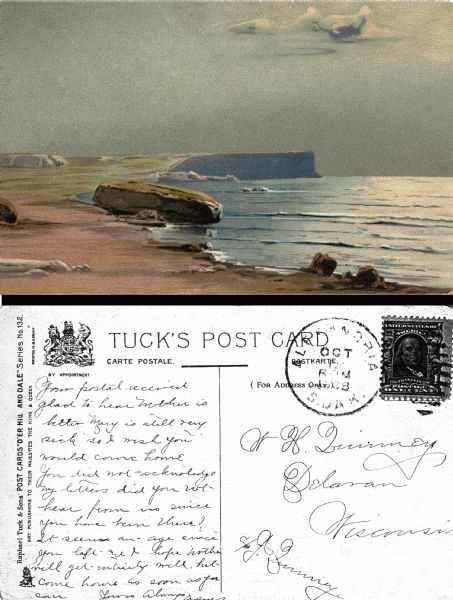 Front and back of a postcard sent from Agnes to William (Bill) Quinney.  The front features a print of the Cliffs of Dover in pastel tones while, on the back, Angnes' writing urges Bill to come home.  Tucks postcard published by Raphael Tuck and Sons as part of Postcards "O'er Hill and Dale," Series number 132.
