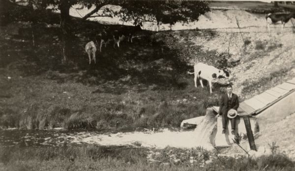 Floyd Quinney seated on a covered water-chute while cows graze in the background.
