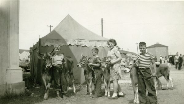 Young people on the fairgrounds stand in front of a tent with calves competing at the fair.  Richard Quinney stands on the far right.