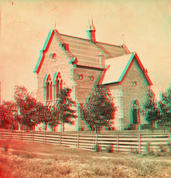 Stereograph view of Memorial Hall at Beloit College.