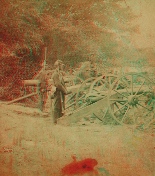 Stereograph of a mock battery erected by the 79h New York Volunteer Artillery at Seabrook Point, Coosaw River.