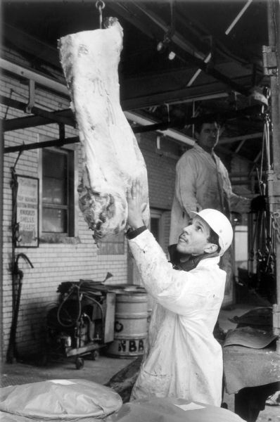 A worker examines a hanging haunch of meat in the wholesale meat market on Washington Street, while another worker stands in the background. Also in the room is assorted equipment and beams for the hanging of carcasses.