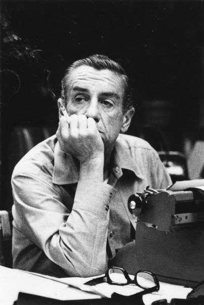Merriman Smith, who covered the presidents from Roosevelt to Nixon for United Press International, in a characteristic reporter's pose in front of a typewriter in the Press Room in San Clemente.