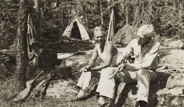 Sigurd Olson, center, probably during the 1948 Trail Riders trip to the Quetico-Superior region. The identity of the man to his right is not known.