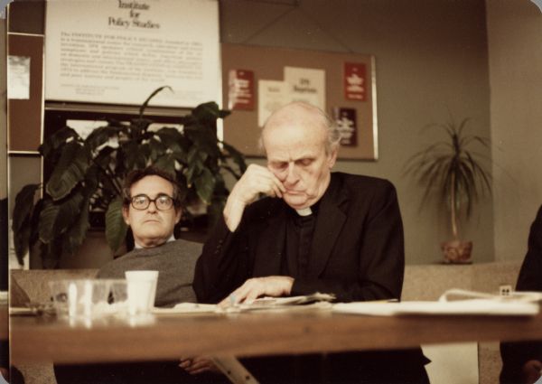 Father Robert Drinan, the first Catholic priest elected to the U.S. Congress and a strong opponent of the war in Vietnam, at a panel sponsored by the Institute for Policy Studies.