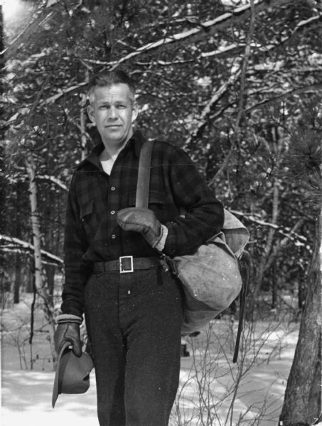 Winter scene with Sigurd Olson, age 41, probably taken for publicity purposes.