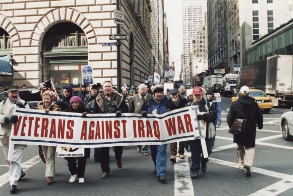 Veterans of various wars marching during a protest against the war in Iraq. New York and New Jersey leaders of the Vietnam Veterans Against the War played a key role in mobilizing opposition among veterans of other wars.