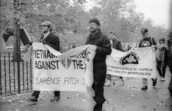Members of the Clarence Fitch Chapter of Vietnam Veterans Against the War, marching in a Veterans' Day event, probably in New York City.