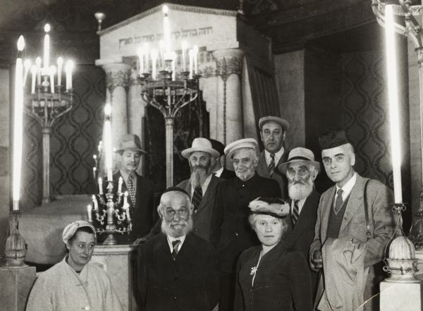 Cedric Belfrage, co-editor and founder of the "National Guardian," visiting a Moscow synagogue after his deportation from the United States. Belfrage was deported for his refusal to testify to the McCarthy committee about his alleged Communist associations.