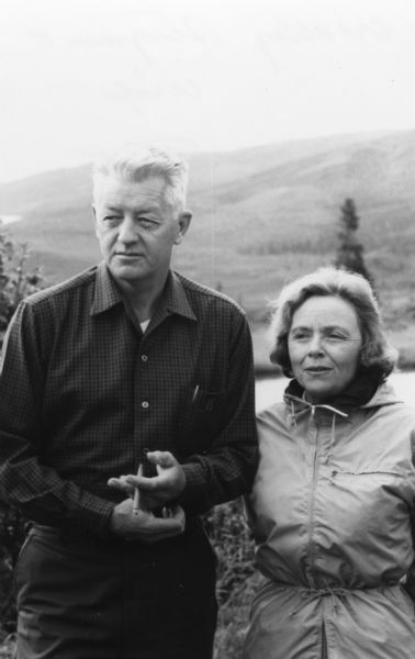 Writer and conservationist Wallace Stegner, and his wife Mary, during a visit to Alaska as a member of the National Parks Advisory Board and special assistant to Stewart Udall, Secretary of the Interior. Although most often associated with the West, Stegner's early teaching career was at the University of Wisconsin and that experience figures in his novel "Crossing to Safety".