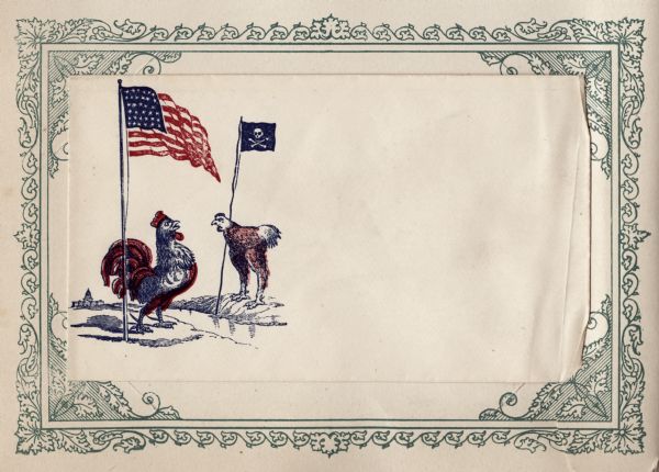 A rooster with a Union flag, representing the Union army, is facing a chicken (with what appears to be ostrich legs) with a piracy flag, which is supposed to represent the Confederate army, across a river. The Capitol building is in the far distance. Blue and red ink on beige envelope, illustration on left side. Mounted on a decorative border and collected in an album.