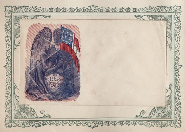 A smiling devil with wings is holding a large jar of C.S.A. Whiskey marked with a poison symbol, and a Confederate flag sticking out of it. Blue and red ink on beige envelope, illustration on left side. Mounted on a decorative border and collected in an album.
