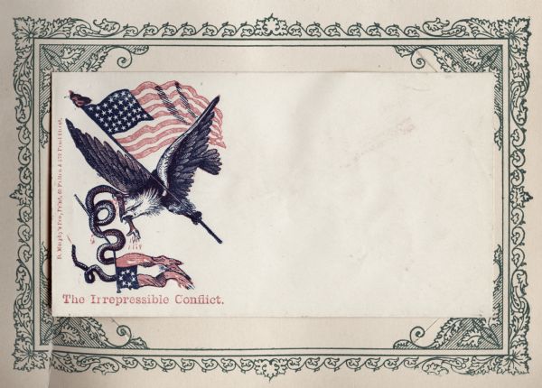 Federal (bald) eagle attacking a rattlesnake. The eagle has a Union flag in its left talons and a snake in its right, while biting the snake with its beak. The snake is wrapped around the Confederate flag. Blue and red ink on cream envelope, illustration on left side. Mounted on a decorative border and collected in an album.