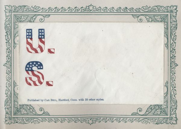 The letters "U.S.," stacked. The tops of the letters are blue with white stars and the bottoms of the letters and the periods are red and white wavy stripes. Printed on beige envelope, image on left side.
Image printed on envelope, mounted on a decorative border and collected in an album.