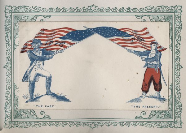 George Washington on the left holds the American Revolutionary flag with the date "1776" on it, and a Union Zouave soldier on the right holds a Union flag with the date 1861 on it. The tips of the flags cross at the top. Under the Revolutionary soldier it says "THE PAST" and under the Union soldier it says "THE PRESENT." Red and blue ink on beige envelope, image covers right, top and left sides.<br>Image printed on envelope, mounted on a decorative border and collected in an album.</br>