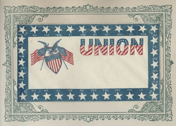 A blue border with white stars, each named for the states in the Union and the Confederacy. Inside on the right is the word: "UNION," with the top of the letters blue with white stars, and the bottom of the letters are diagonal red and white stripes. Inside on the left side are two Union flags and a Union shield with the American Eagle. Illustration printed on envelope, mounted on a decorative border and collected in an album.
