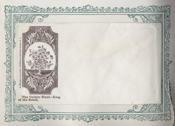 Cotton plant within a decorative frame. The caption below reads "The Cotton Plant — King of the South." Black ink on beige envelope, image appears on the left side.<br>Image printed on envelope, mounted on a decorative border and collected in an album.</br>