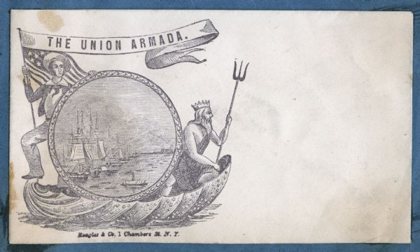 A Union sailor and King Neptune stand inside a sea shell that is floating on the ocean. Between them appears a decorative circle with the Union Armada in it bombarding Fort Sumpter. The sailor holds the Union flag and a banner that reads "THE UNION ARMADA" in his right hand and King Neptune holds a trident in his left hand. Black ink on cream envelope, image on left side.
Image printed on envelope, mounted on various colored pages and collected in an album.