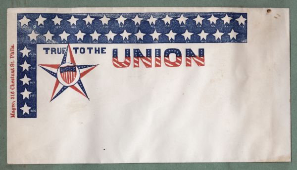 This envelope has a blue "L" shaped bar tipped clockwise. It is filled with white stars and next to each star is the initial of all of the states, Union and Confederate. Tucked into the corner of the bar is a red and blue star with a federal shield in the middle. The words "TRUE TO THE UNION" appear above the star. "TRUE TO THE" is blue and "UNION" is blue with white stars above and diagonal red and white stripes below. Red and blue ink on beige envelope, image in upper left corner.
Image printed on envelope, mounted on various colored pages and collected in an album.