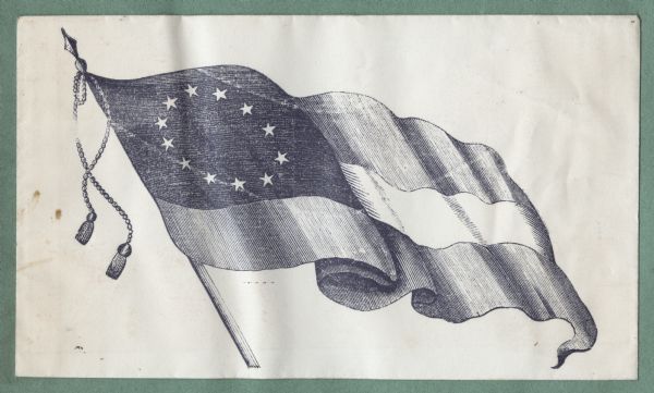 The Confederate flag. Pro-Confederate envelopes were not as common as pro-Union envelopes. Black ink on beige envelope, image covers entire front.
Image printed on envelope, mounted on various colored pages and collected in an album.